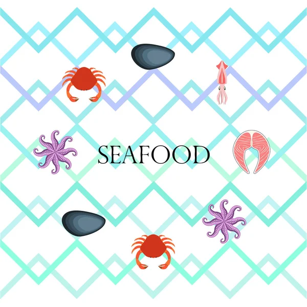 Tintenfische Muscheln Krabben Fische Tintenfische Frische Meeresfrüchte Vektorhintergrund Restaurant Design — Stockvektor
