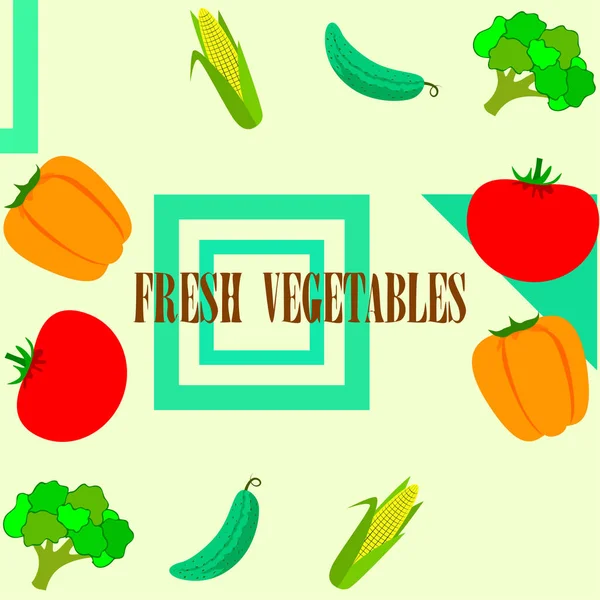 Mais Tomaten Paprika Gurken Brokkoli Plakat Mit Bio Lebensmitteln Bauernmarkt — Stockvektor