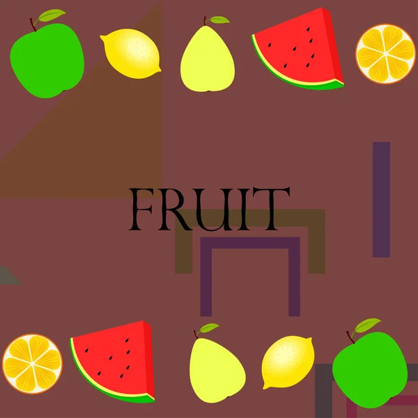 果物とベリー カラフルな漫画の果物のアイコン オレンジ リンゴ レモン スイカ ベクトル背景 — ストックベクタ