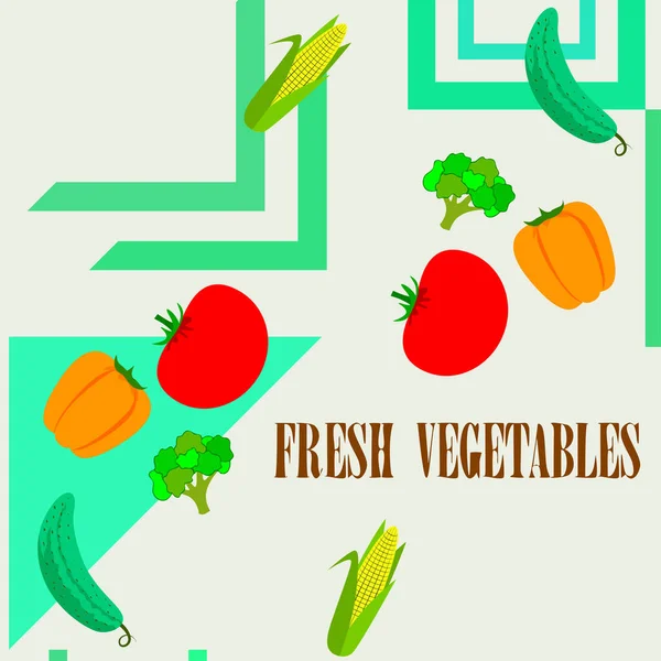 Milho Tomate Pimenta Pepino Brócolis Cartaz Comida Orgânica Design Mercado — Vetor de Stock