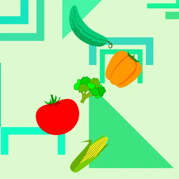 Corn Tomato Pepper Cucumber Broccoli Organic Food Poster Farmer Market — Stock Vector