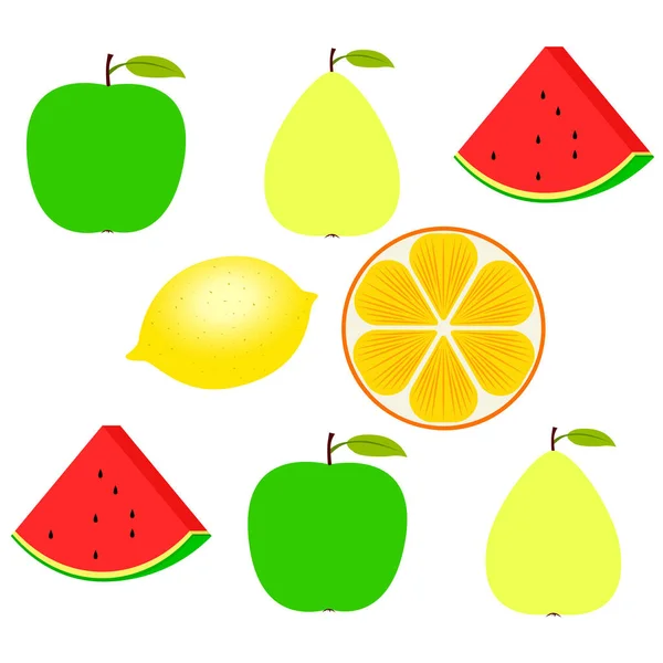 Плоды Ягоды Красочные Иконы Фруктов Карикатуры Апельсин Груша Яблоко Лимон — стоковый вектор