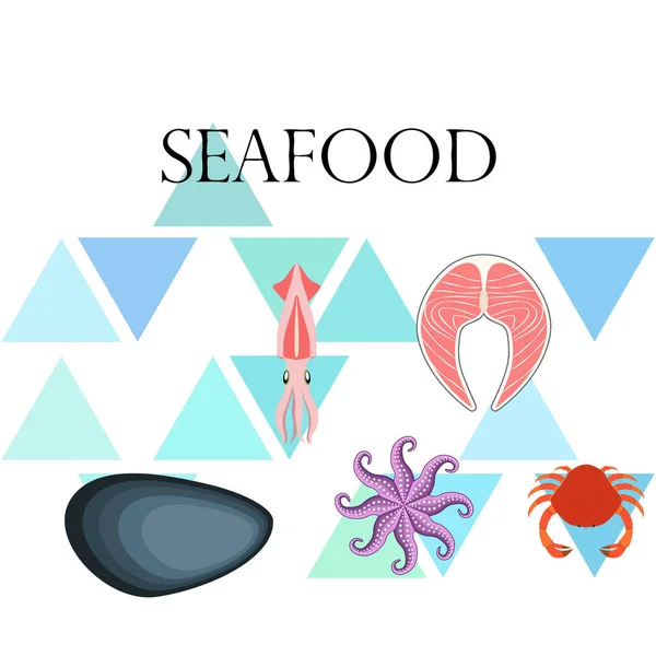 Tintenfische Muscheln Krabben Fische Tintenfische Frische Meeresfrüchte Vektorhintergrund Restaurant Design — Stockvektor
