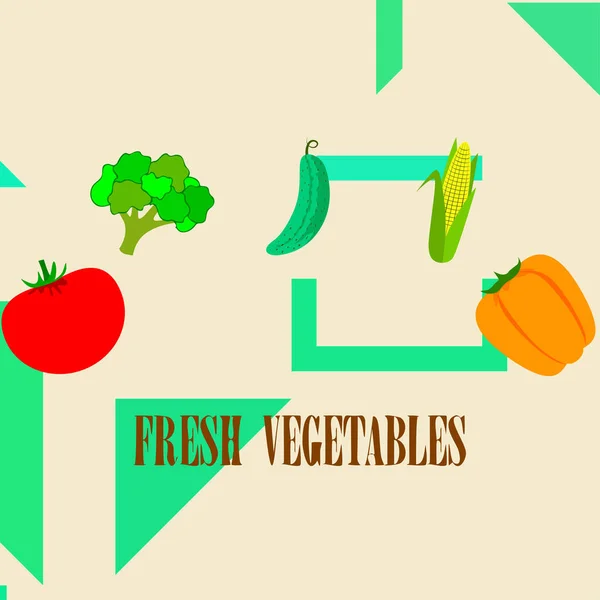 Corn Tomato Pepper Cucumber Broccoli Organic Food Poster Farmer Market — Stock Vector