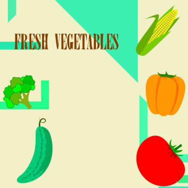Mısır, domates, biber, salatalık, brokoli. Organik gıda posteri. Çiftçi pazarı tasarımı. Vektör arkaplanı.