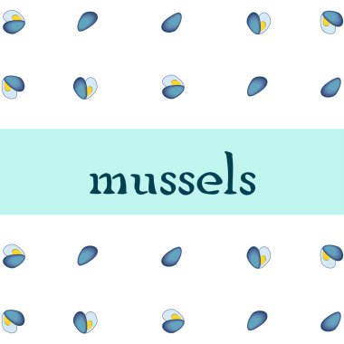 Midyeler taze deniz ürünleri. Vektör arka planı. Yemek ve restoran tasarımı.