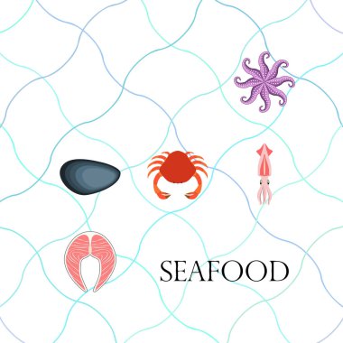 Kalamar, midye, yengeç, balık, ahtapot. Taze deniz ürünleri. Vektör arka planı. Restoran tasarımı.