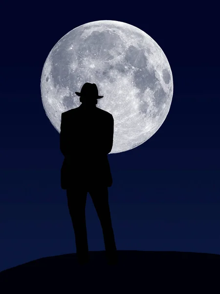 Man Fedora Stands Hilltop Watching Full Moon Night — Stock Photo, Image