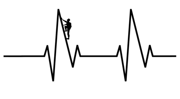 Bir kaya tırmanışçısının, kalp sağIıklı tırmanışı sembolize etmek için tıbbi EKG grafiğinde zirve yaptığı görülüyor. Beyaz arkaplanda izole.