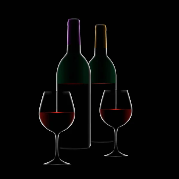 Δύο Φιάλες Και Δύο Ποτήρια Κόκκινο Κρασί Φαίνονται Μια Εικόνα — Φωτογραφία Αρχείου
