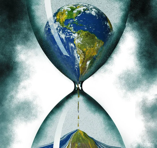 Time running out on the ecology of planet earth is illustrated with the planet draining through an hourglass. This is a 3-D illustration.
