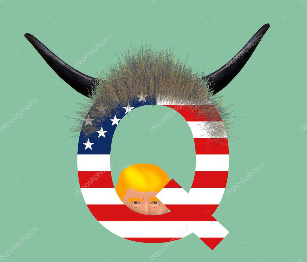 Here is a QAnon logo, a letter Q with USA flag stripes. It is topped with the fur and horns worn by the QAnon shaman. Former President Trump looks through the opening in the letter Q.