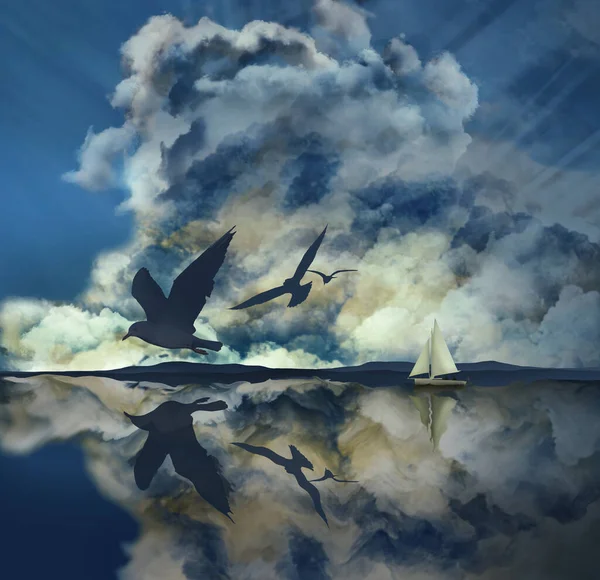 돛단배는 하늘에서 구름으로 보인다 갈매기 범선이 바다나 장면에 반영되어 — 스톡 사진