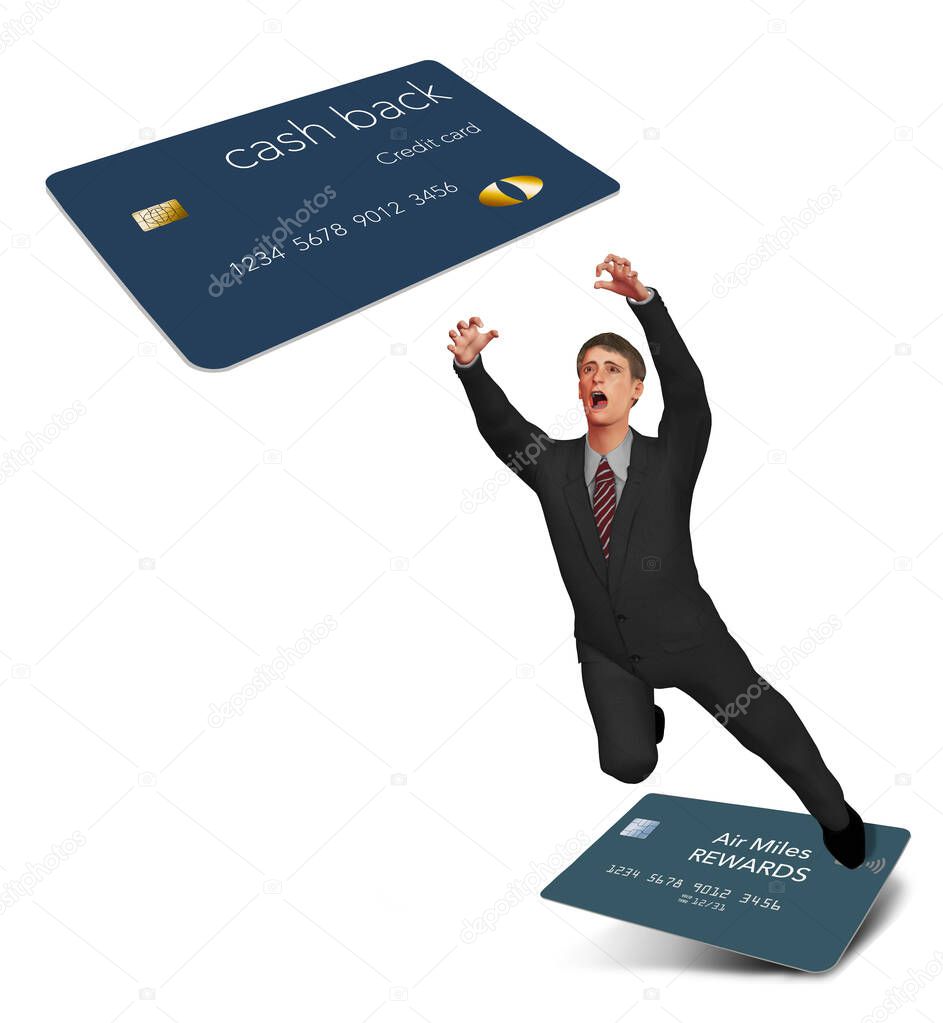 A man is seen making the leap to switch from an air miles reward credit card to a cash back rewards card. This 3-D illustration relates to the pandemic and travel restrictions
