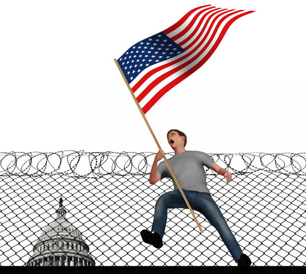 Молодой человек кричит от злости, когда несет американский флаг на этой трехмерной иллюстрации о политическом гневе в США. За ним забор из колючей проволоки и Капитолий США..