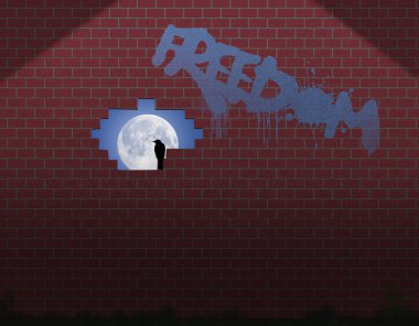 Ay ışığı içeri girerken tuğla bir duvarın içinde bir kuş oturuyor. Duvardaki graffiti özgürlük anlamına geliyor. 