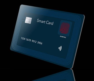 İşte çip işlemcili akıllı bir kredi kartı kenarlarında sıra sıra anten devreleri ve biyometrik bir dokunmatik ped. Bu, genel bir kredi kartının 3 boyutlu bir çizimi..