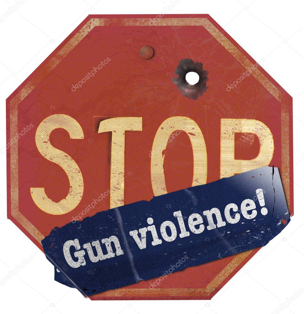 A stop gun violence sticker is seen on a traffic stop sign that has a bullet hole in the sign. This is a 3-D illustration.
