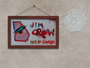 Amerika Birleşik Devletleri 'nin Georgia eyaletinin haritasında yer alan çerçeveli bir karga resmi çerçevedeki modası geçmiş Jim Crow kavramına dayanmaktadır. Bu 3 boyutlu görüntü. Seçmen baskı yasalarını gözler önüne seriyor.