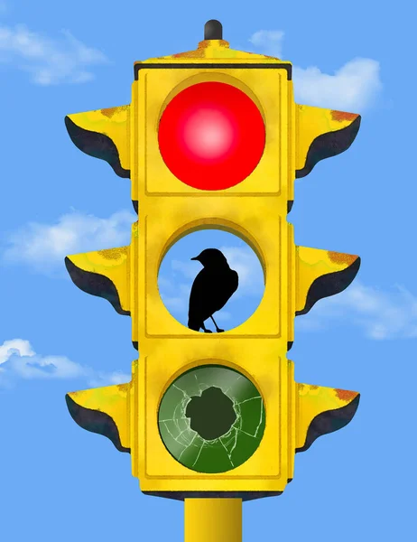 An old rusty broken traffic light inhabitated by a bird is seen in this 3-D illustration about failing infastructure.