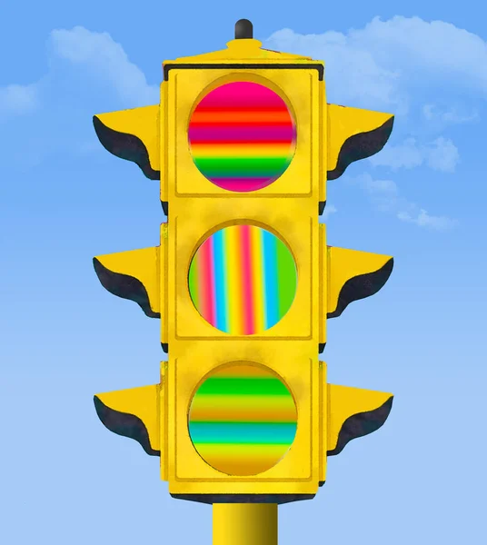 An electric traffic signal gives out a meaningless message with lights of multiple colors instead of the usual red, green and yellow signals. This is a 3-D illustration.