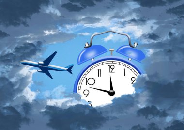 Koyu bulutlardaki bir açıklıktan bir jet uçağı görülüyor ve ayrıca gökyüzünde bir alarm saati de görülüyor. Bu gezginler için jet lag hakkında 3 boyutlu bir illüstrasyon..
