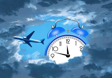 A jet airliner is seen through an opening in darkening clouds and an alarm clock is seen in the sky also. This is a 3-D illustration about jet lag for travelers. clipart