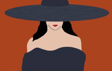 Modern moda tasarımı ile ilgili bu illüstrasyonda şık giyinmiş ve geniş kenarlı şapkalı bir kadın görülüyor..