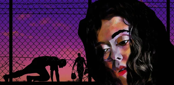 An Hispanic female thinks as she decides if she should cross the Mexican border into the USA as silhouetted men in the background are doing. This is a 3-D illustration.