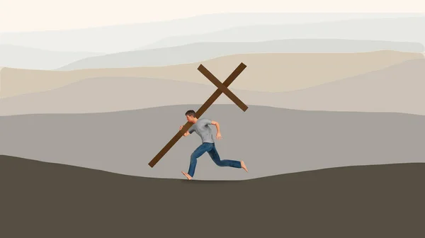 Ein Junger Mann Läuft Mit Einem Großen Holzkreuz Vor Einer — Stockfoto