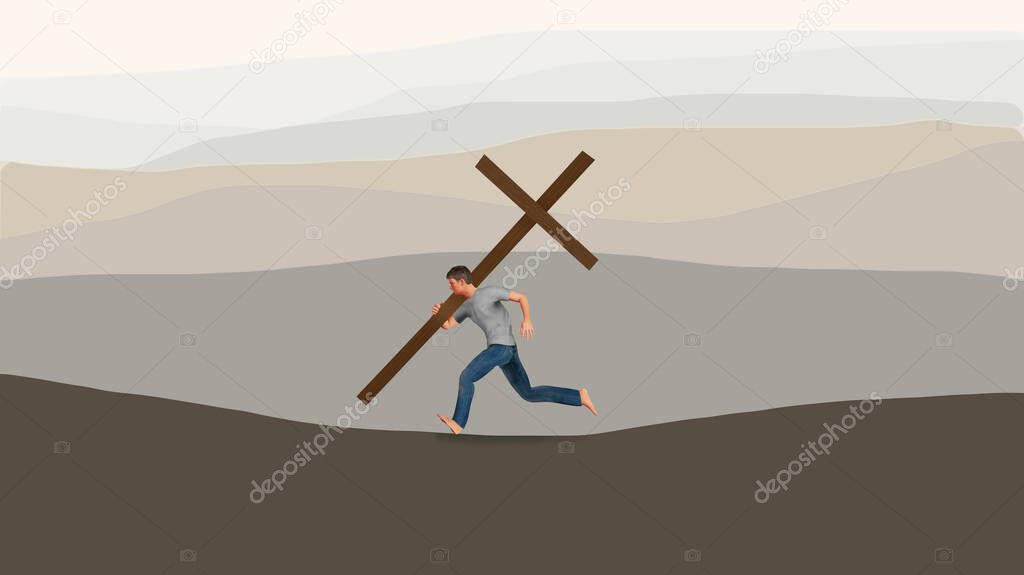 A young man runs while carrying a large wooden cross in front of  a series of hills in the background. This is a 3-D illustration about religion.