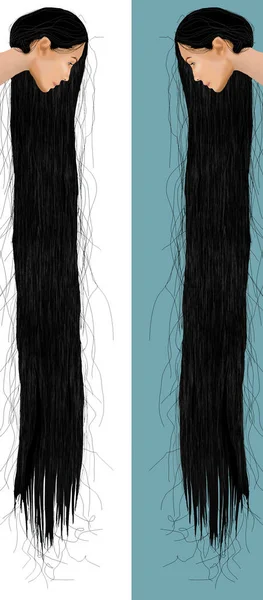 Frizzy tangled hair is seen on a girl with very long hair in this 3-d illustration about hair care.