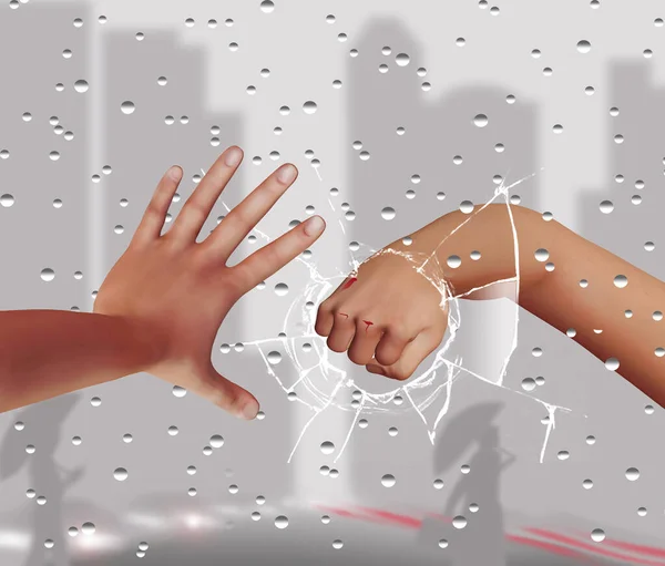 A bare and bleeding fist breaks through a window pane in this 3-d illustration about urban violence. Rain is on the window and the city is seen outside the window.