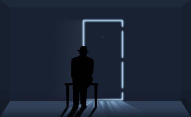 Fötr şapkalı yaşlı bir adam kapalı kapılı boş bir odanın içindeki taburede oturuyor. Bekliyor. Bu 3 boyutlu bir çizim..
