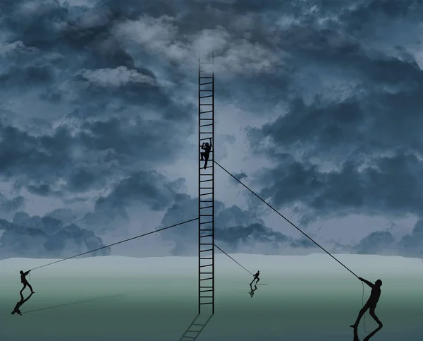 三个男人拿着绳索支撑梯子 另一个男人爬上云彩 这是一个三维的例子 说明如何利用团队精神来实现崇高目标 — 图库照片