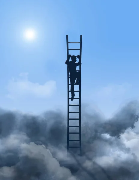 一个超凡的人 一个男人 爬上梯子 穿过黑暗的风暴云层 在风暴中找到阳光和蓝色的滑雪板 这是一个三维的例子 — 图库照片