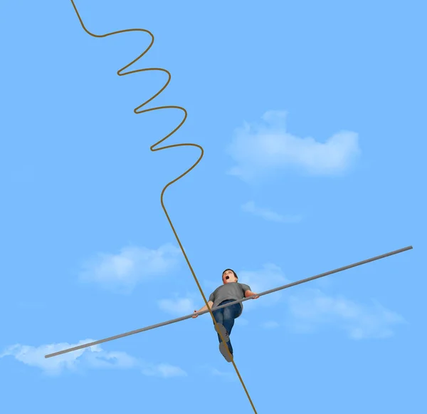 A high tight rope walker looks at trouble ahead in this 3-D illustration about adversity.