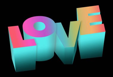 Aşk kelimesi gökkuşağı renginde renklendirilmiştir ve bu izole resimde blok harfleri olarak görülür..