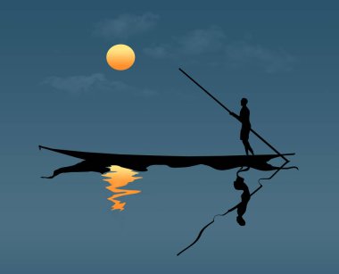 Bir adam alacakaranlıkta bir çubukla bir tekneyi hareket ettirir ve silueti bu üç boyutlu resimde güneşli bir gökyüzü ile karaya oturur..