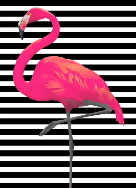 在这张3 D的图片中 在黑白相间的条纹背景上可以看到一只粉色的佛罗里达火烈鸟 — 图库照片