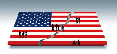 İnsanlar, bir çatlakla ikiye bölünmüş bir ABD bayrağının üzerinde dururken tartışmalara dalıyorlar. Amerikalılar ABD politikalarındaki artan bölünmeyi tartışıyor. Bu 3 boyutlu bir illüstrasyon..