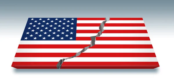 İşte ortada bir çatlak tarafından ikiye bölünmüş bir ABD bayrağı. Amerikalılar ABD politikalarındaki artan bölünmeyi tartışıyor. Bu 3 boyutlu bir illüstrasyon..
