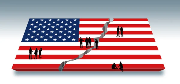 People are engaged in discussions as they stand on a USA flag that has been split down the middle by a crack. Americans discuss the growing divide in USA politics.This is a 3-d illustration.