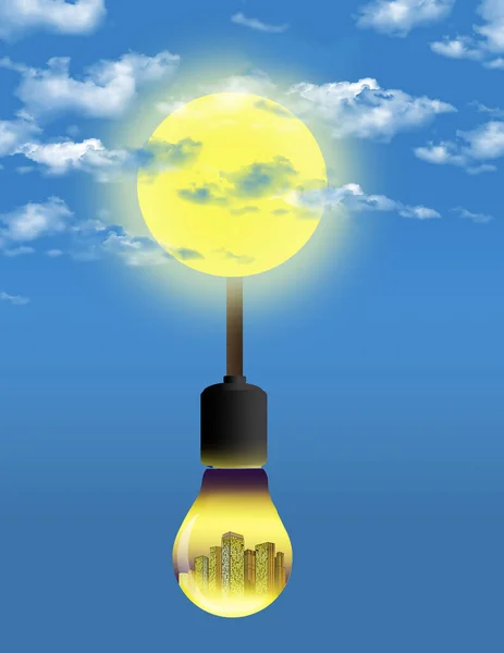 A cord connects a light bulb to the sun in this illustration about solar energy. This is a 3-D illustration.