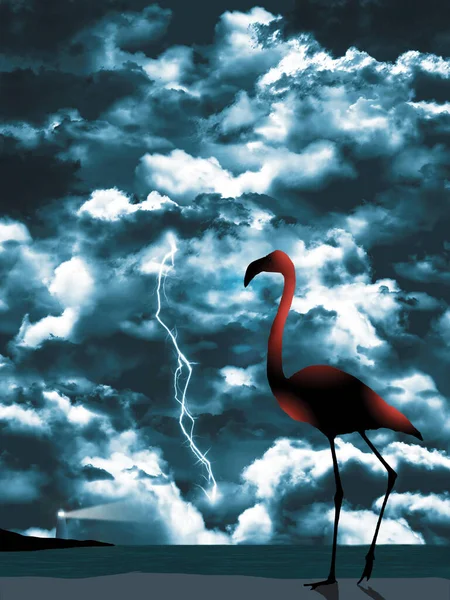 Tropical Storm Approaches American Flamingo Observes Adverse Weather Lightning Illustration —  Fotos de Stock