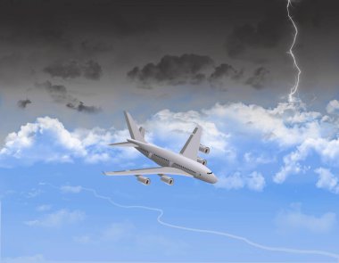 Arka planda bir yıldırım fırtınası yaklaşırken bir uçak jeti yukarıdan görülüyor. Bu 3 boyutlu bir çizim..