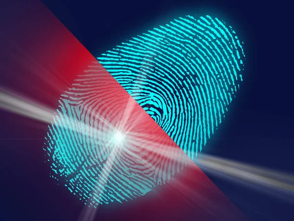 Concept of digital security, electronic fingerprint on scanning screen. Cyber security concept. Futuristic blue and red background. 3-D illustration fingerprint biometric technology.
