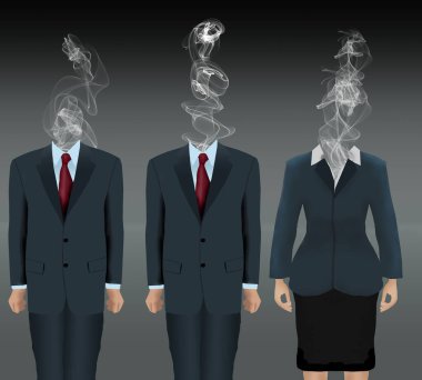 İş kıyafetleri giymiş bir kadın ve iki erkek, kafalarının 3 boyutlu bir çizimde olması gereken yerde sigara dumanıyla görülürler..