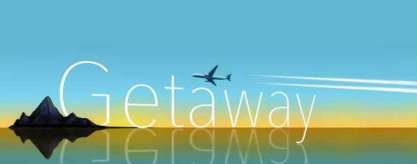 Here Typography Art Travel Getaway Headline Includes Airliner Sun Clouds — Stock Photo, Image