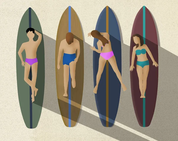 Opalování Mladí Dospělí Ležet Surfu Písku Této Ilustrace — Stock fotografie